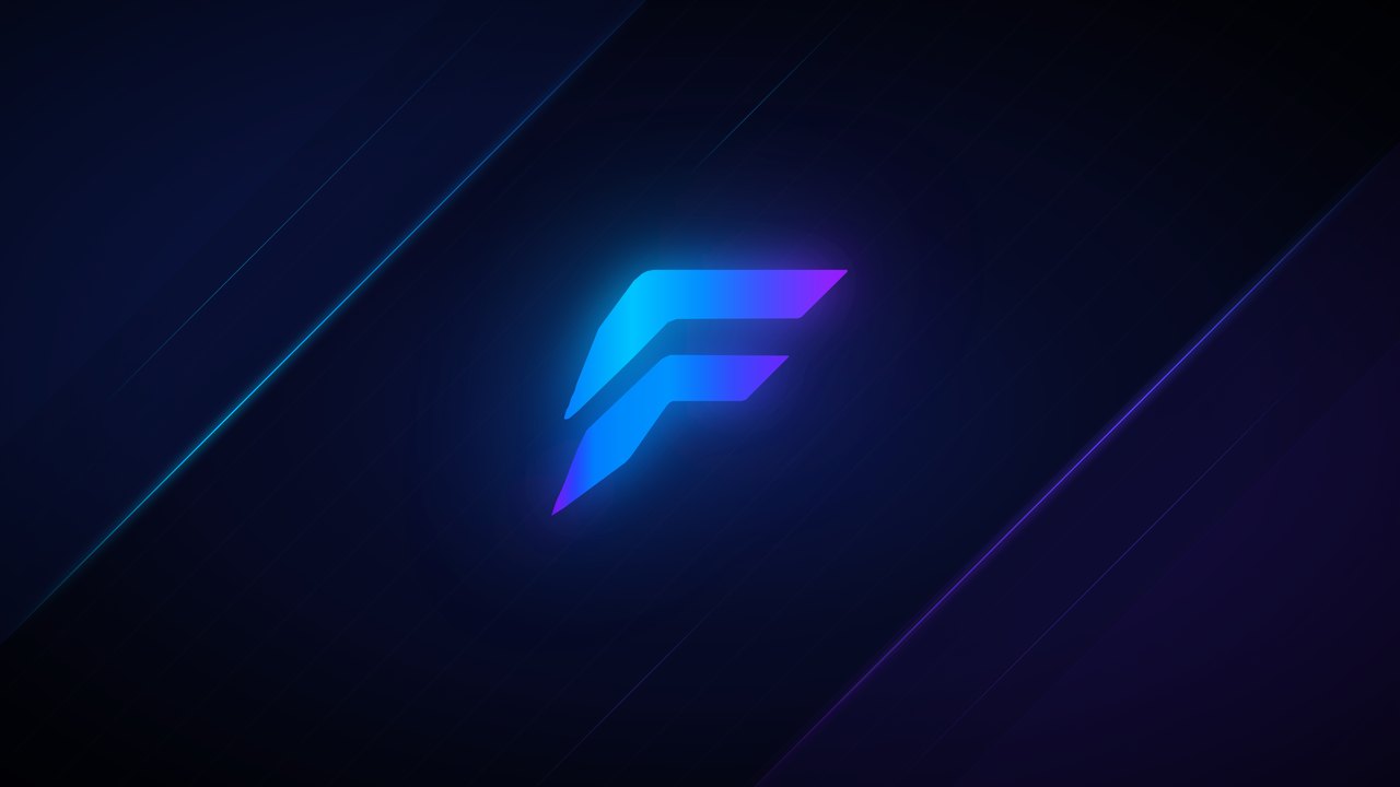 FixCore wallpaper: the gradient F logo glowing on dark blue with diagonal light streaks