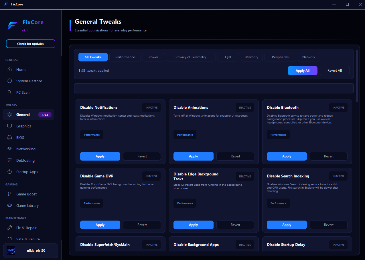 FixCore 2.1: General Tweaks screen